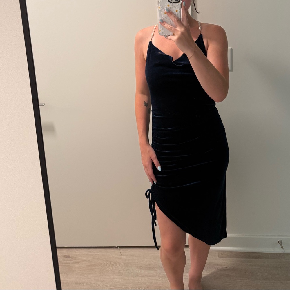 Navy Blue Velvet Dress with Pearl Straps